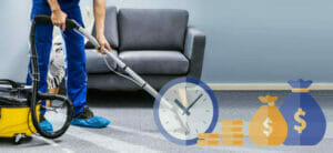 Individual vacuuming with a sofa in the background, accompanied by icons of a clock, coins, and a money bag.