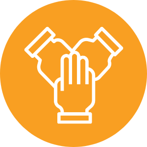 Orange round icon featuring three intertwined hands, symbolizing unity and collaboration.