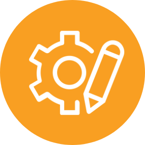 Orange round icon featuring a gear and a pencil, representing planning and execution.