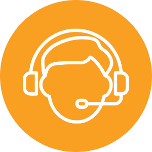 Orange and white round icon featuring a representation of a person wearing a call center headset.