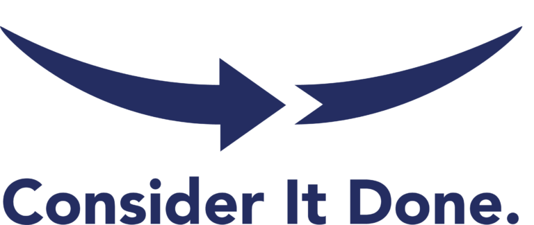 Blue curved arrow logo with the phrase "CONSIDER IT DONE" written below.