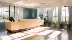 Modern office lobby with natural light and potted plants, showcasing cleanliness and open space.