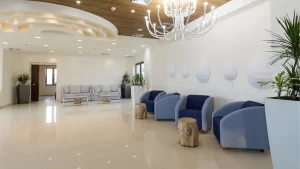 Modern waiting area with stylish seating and wooden accents at a commercial cleaning client's office by 3aclean in Denver, Colorado.